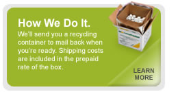 We'll send you a recycling container to mail back when you're ready.  Shipping costs are included in the prepaid rate of the box.